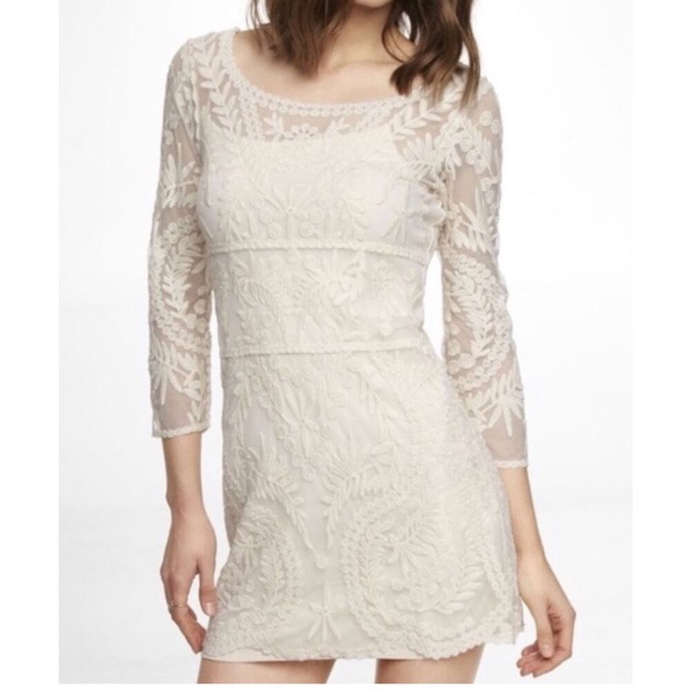 Y2K Lace Sheer Fairy Whimsy‎ Dress Short Ivory 3/4 Sleeve Express Womens - Picture 2 of 12